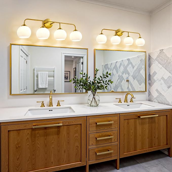 RUIYEY Bathroom Vanity Light Fixtures: 4 Lights Brushed Gold Ribbed Lantern Vanity Lights for Bathroom, E26 60W Hardwired Wall Sconce Lighting with Frosted Milky Glass Over Mirror (Exclude Bulb)