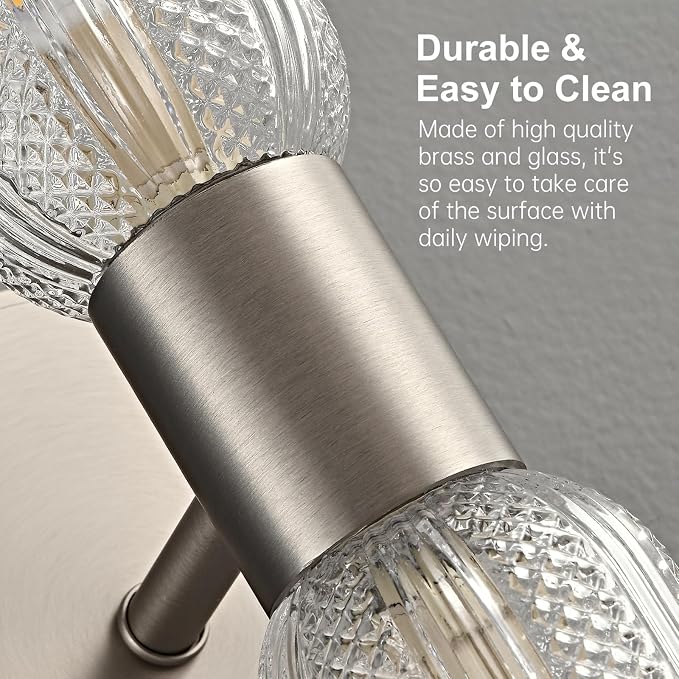 Brushed Nickel Wall Sconces 12.3in Knurled Glass Wall Light, Brass Material | 2-Light Wall Lights for Bathroom Bedroom Hallway Bathroom Vanity Mirror Entrance, Hardwired, bulb included