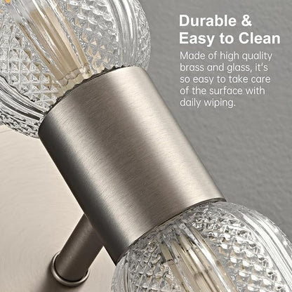 Brushed Nickel Wall Sconces 12.3in Knurled Glass Wall Light, Brass Material | 2-Light Wall Lights for Bathroom Bedroom Hallway Bathroom Vanity Mirror Entrance, Hardwired, bulb included