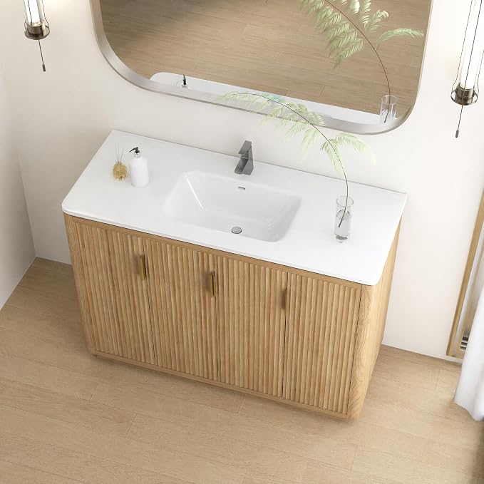 48 Inch Freestanding Bathroom Vanity with Ceramic Sink, Striped Vanity Cabinet with Four-Door Storage & Gold Pull Handles, Natural Wood