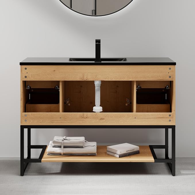 LUCKWIND 48" Modern Bathroom Vanity with Single Black Sink Combo, Freestanding Storage Cabinet with Metal Frame, Matte Black Faucet and Open Shelf and 2 Soft-Closing Door, Natural