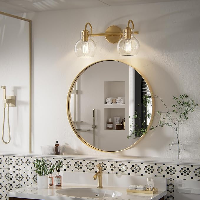 2 Lights Bathroom Vanity Light Fixtures Over Mirror Modern Gold | Wall Sconce,Elegant Globe Glass Shades,E26 Base,UL Certified,Anti-Rust,Damp Rated,Painted,Bedroom Living Room Entryway