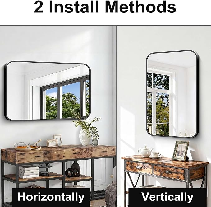 Black Bathroom Mirror, 28x42 inch Aluminum Metal Frame Rectangular Vanity Mirror, Wall Mounted Rectangle Mirrors with Rounded Corner for Bedroom Living Room Hangs Horizontal Or Vertical