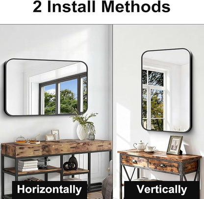 Black Bathroom Mirror, 28x42 inch Aluminum Metal Frame Rectangular Vanity Mirror, Wall Mounted Rectangle Mirrors with Rounded Corner for Bedroom Living Room Hangs Horizontal Or Vertical