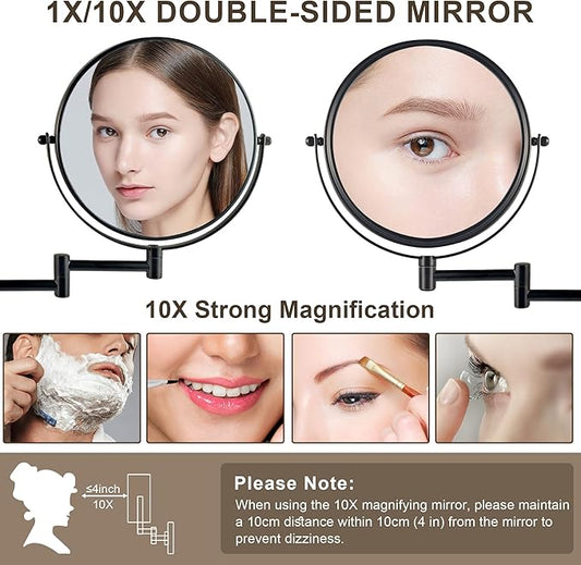 JANEEVA 8" Wall Mounted Makeup Mirror, 1X/10X Magnifying Mirror with 360° Extendable Arm, Double Sided Bathroom Vanity Mirror for Man & Woman (Matte Black)