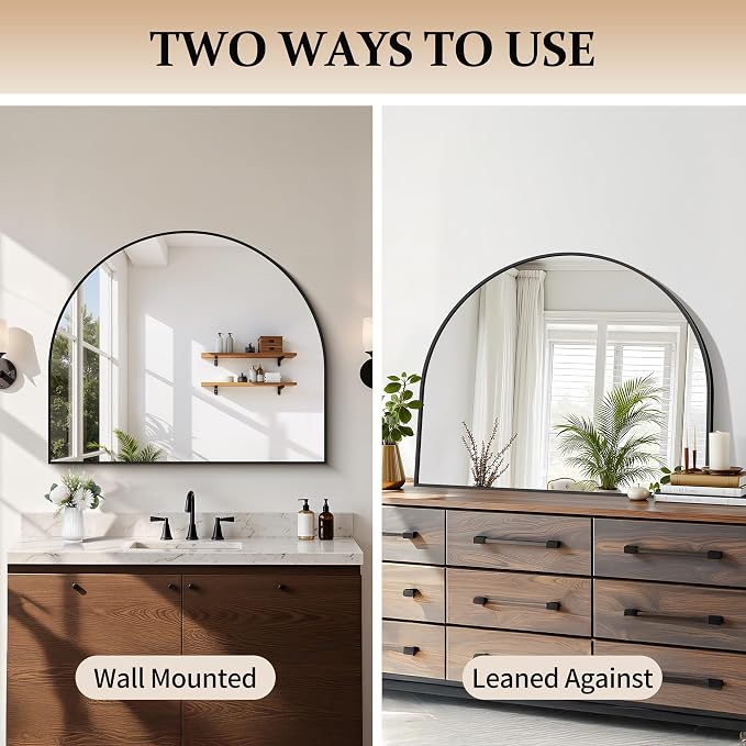 COFENY Arched Mirror, 36’’x30’’ Black Arch Mirrors for Bathroom Sink, Wide Bathroom Vanity Mirror with Metal Frame, Modern Wall Mounted Mirror for Bedroom Living Room Mantle Entryway
