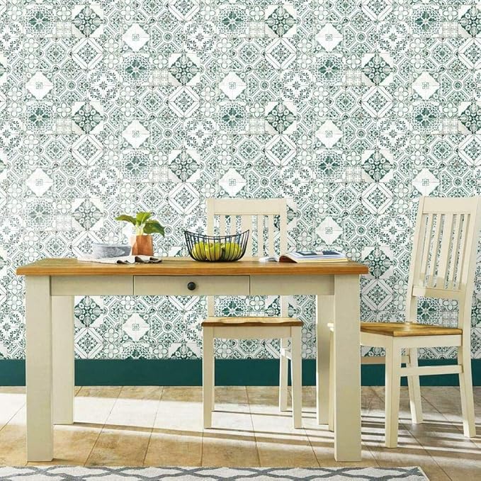 RoomMates RMK11281WP Forest Green Mediterranean Tile Peel and Stick Wallpaper