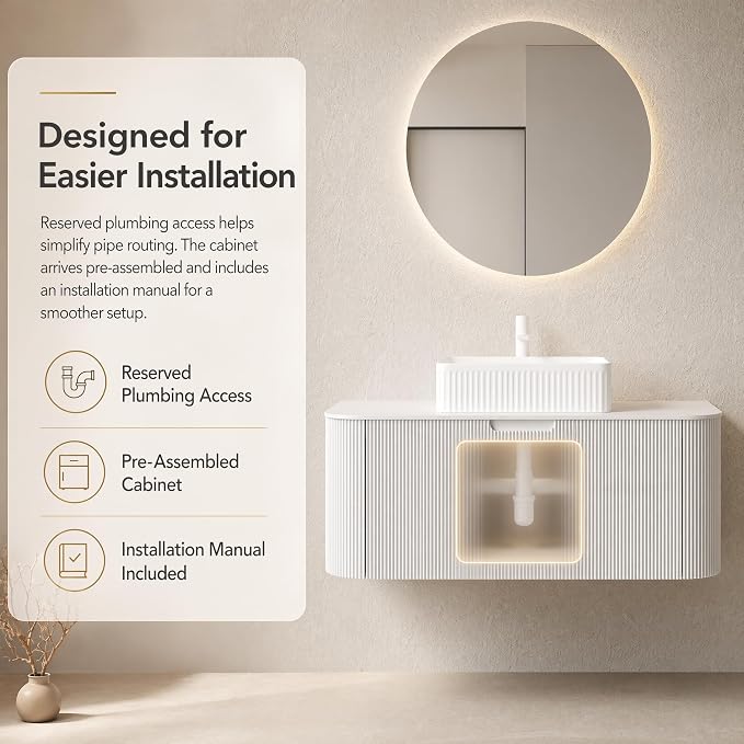 36 Inch Bathroom Vanity with Sink, Floating Wall Mounted Single Sink Vanity, White Curved Fluted Front, Stone Top, White Textured Rectangular Vessel Basin, Pre-Assembled