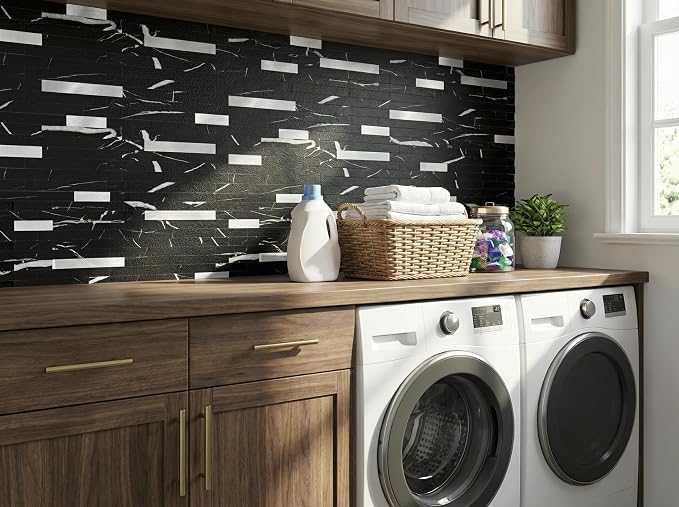 Yipscazo 10 Sheets Peel and Stick Stone Metal Tile Backsplash, Stick on Tiles for Backsplash Kitchen, Bathroom, Laundry Room, Camper, Fireplace (12'' X 12'', Pure Black)