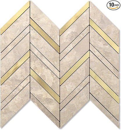 Yipscazo 10-Sheet Herringbone Peel and Stick Backsplash, Beige Stone Mixed Metal Gold PVC Stick on Tiles for Kitchen, Waterproof Self Adhesive Wall Tiles for Bathroom