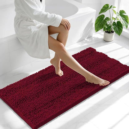 Smiry Thick Chenille Bathroom Runner Rugs 47x24, Soft Bath Mat, Burgundy | Quick‑Dry & Machine Washable, Non‑Slip Bath Carpet, Striped Bath Rugs for Tub & Shower, Modern Home Decor Accessories