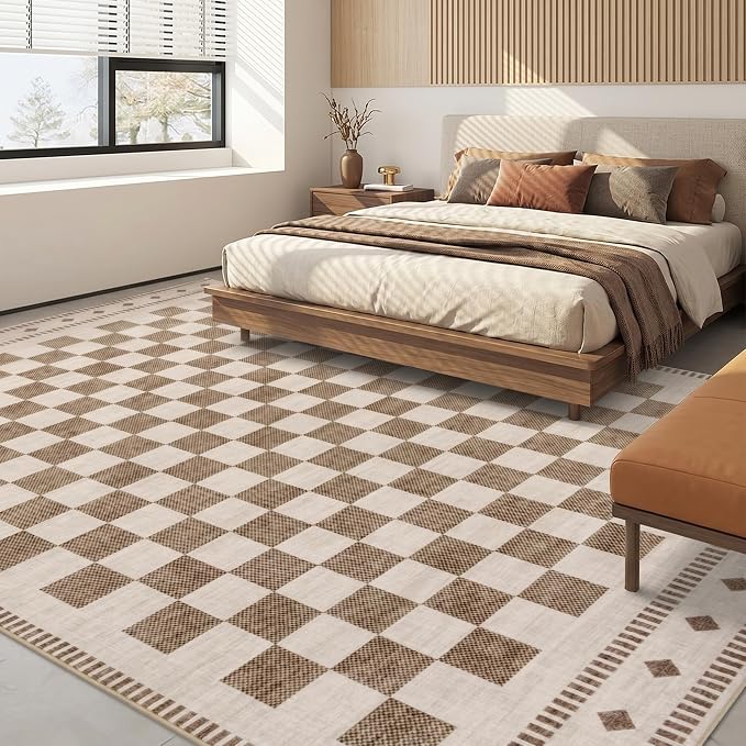 Garvee Washable 5x7 Rugs for Living Room Beige Checkered Non Slip | Low Pile Bedroom Rugs Geometric Low Pile Stain Resistant Carpet for Nursery Office Dining Room Classroom 5'x7' Beige