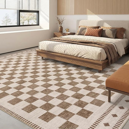 Garvee Washable 5x7 Rugs for Living Room Beige Checkered Non Slip | Low Pile Bedroom Rugs Geometric Low Pile Stain Resistant Carpet for Nursery Office Dining Room Classroom 5'x7' Beige