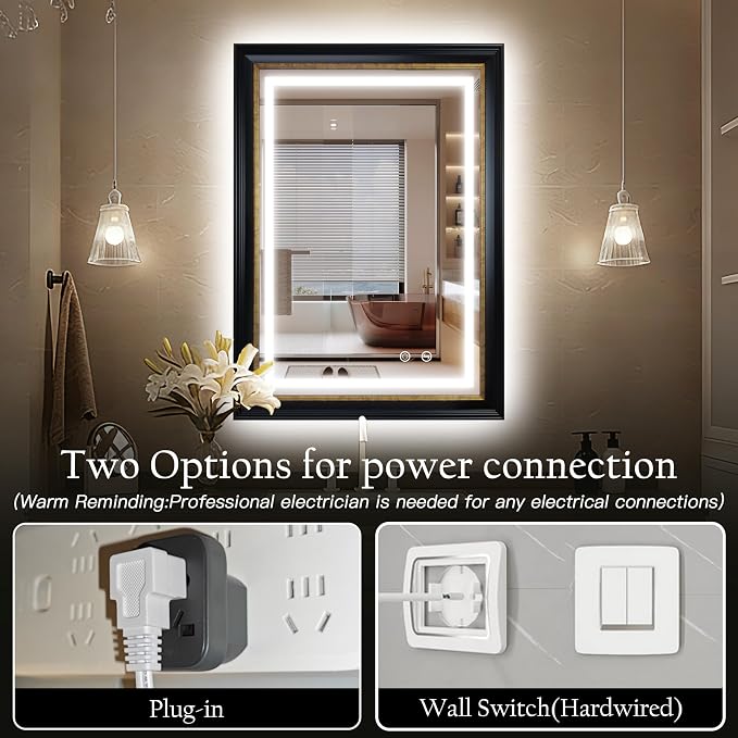 ROLOVE 23x33 Inch Lighted Baroque Bathroom Mirror, Antique Black and Gold | Anti-Fog, Waterproof Frame and Shatterproof Glass, Vintage Wall Mirror for Bathroom, Entryway and Powder Room