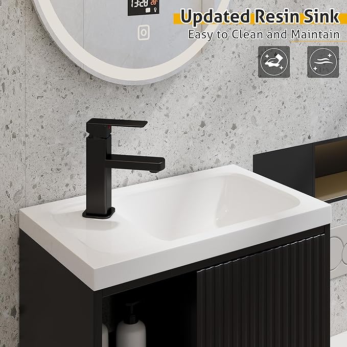 eclife 20" Floating Bathroom Vanity Sink Combo for Small Space, Wall-Mounted Guest Toilet Wash Basin Cabinet with Opening Shelf, Soft Closing Door, Black Painted