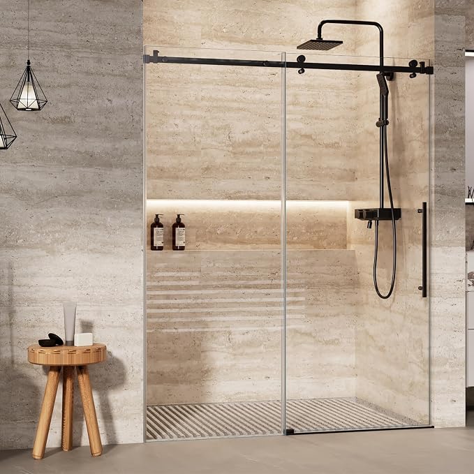 Shower Glass Door with Waterroof Seal Strip (56-60" W x 72 "H), Frameless Shower Sliding Door with Clear SGCC Tempered Glass 5/16" (8mm), Stainless Steel Hardware, Black