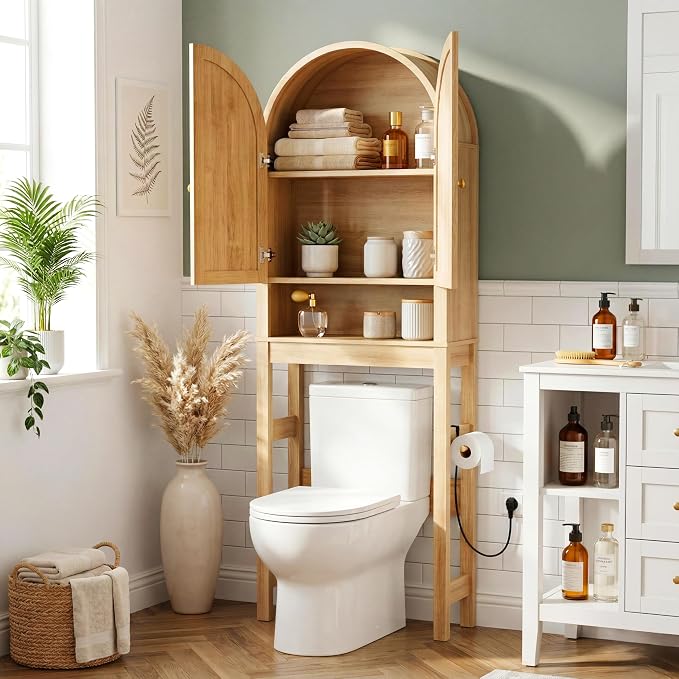 HMstone Over The Toilet Storage Cabinet, Arched Bathroom Organizer and Storage with Doors and Adjustable Shelf, Space-Saving Freestanding Bathroom Modern Storage Cabinet Over Toilet (Natural)