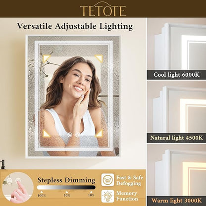 TETOTE White Led Lighted Bathroom Medicine Cabinet with Mirror 20 x 26 Recessed or Surface Mount Metal Framed Medicine Cabinet with Lights, Tempered Glass, 3 Color Dimming, Anti-Fog, 2 Outlets