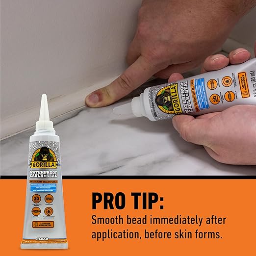 Gorilla 100% Silicone Caulk, Waterproof Sealant, 2.8oz Squeeze Tube (Pack of 2) – Clear -10 Year Mold Resistant Kitchen, Window, Bath, Marine, Door and More