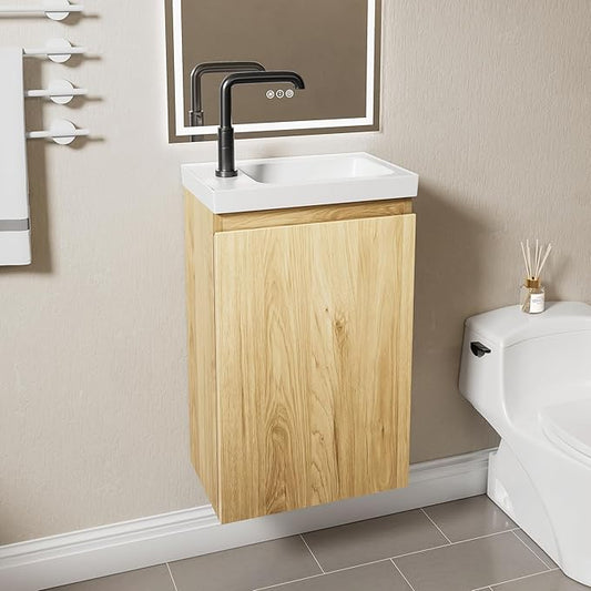 16" Japandi Floating Bathroom Vanity with Sink, Pre-Assembled Wall-Mounted Bathroom Vanity, Narrow Bathroom Vanity 10" D Solid Wood Vanity Cabinet, Engineered Stone Top, Soft-Close Hinge