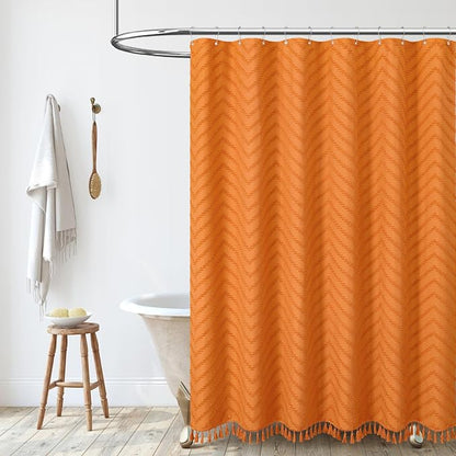 Extra Long Boho Shower Curtain Tufted Chevron 72"x84" Burnt Orange | 84 Inch Tall, Elegant Tassel, Lightweight Textured Fabric, Water Repellent, Washable, Hotel Spa, for Bathroom/Dorm 12 Hooks
