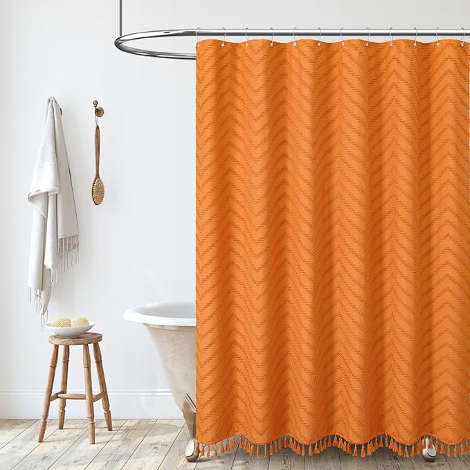 Boho Farmhouse Shower Curtain Tufted Chevron 72"x72" Burnt Orange | Elegant Tassel, Soft Lightweight Textured Fabric, Water Repellent, Washable, Hotel Spa, for Bathroom/Dorm/Apartment 12 Hooks