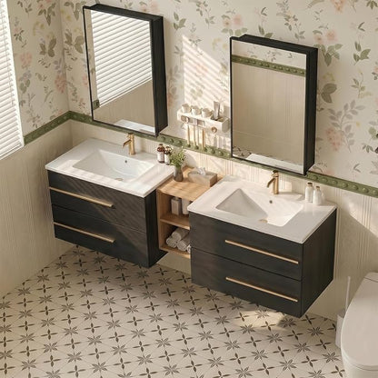 72 Inch Floating Double Sink Bathroom Vanity with Sink Combo, Modern Wall-Mounted Vanities Cabinet with Large Soft-Closing Drawers, Double Vanity Sinks for Bathrooms, Black&Natural