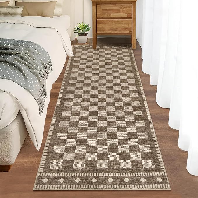 Garvee Washable Runner Rug 2x6 Checkered Non Slip Kitchen Rugs, Brown | Brown Entryway Rug Farmhouse Soft Bathroom Rugs Low Pile Stain Resistant Carpet for Hallway Laundry Bedroom 2'x6' Brown