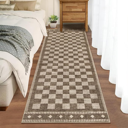 Garvee Washable Runner Rug 2x6 Checkered Non Slip Kitchen Rugs, Brown | Brown Entryway Rug Farmhouse Soft Bathroom Rugs Low Pile Stain Resistant Carpet for Hallway Laundry Bedroom 2'x6' Brown