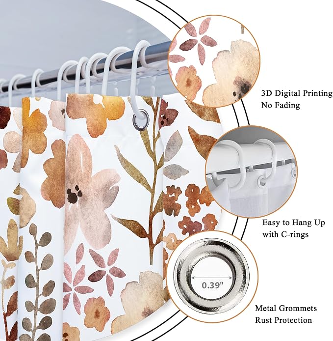 Fall Autumn Cute Floral Flower Nature Rustic Bathroom Shower Curtain Set | 72"W x 72"H Watercolor Botanical; waterproof HD print, quick-dry fabric with 12 hooks for easy hanging.