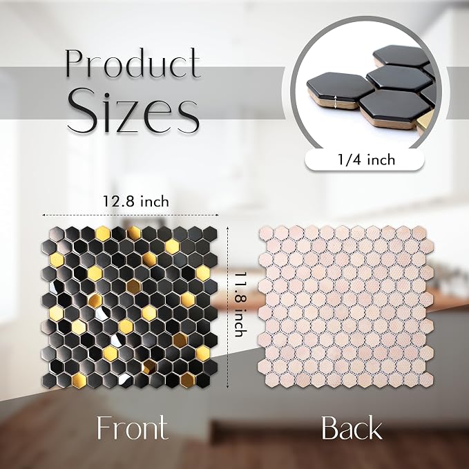 Black and Gold Backsplash Wall Tiles Hexagon Mosaic Shower Floor Tile Kitchen Bathroom Tile (Box of 5 Sheets)