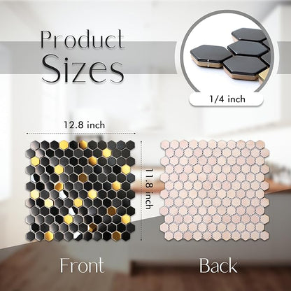 Black and Gold Backsplash Wall Tiles Hexagon Mosaic Shower Floor Tile Kitchen Bathroom Tile (Box of 5 Sheets)