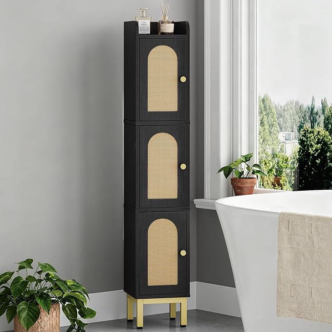 Hzuaneri Slim Bathroom Storage Cabinet, Narrow Bathroom Organizers,3 Doors | Narrow Storage Cabinet with 4 Adjustable Feet, Laundry Room Organization for Small Space, Kitchen,Living Room,Rattan Black