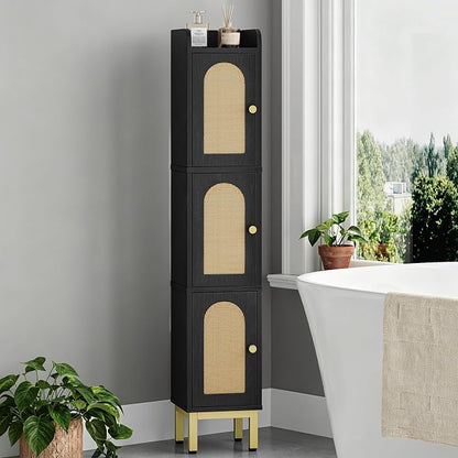 Hzuaneri Slim Bathroom Storage Cabinet, Narrow Bathroom Organizers,3 Doors | Narrow Storage Cabinet with 4 Adjustable Feet, Laundry Room Organization for Small Space, Kitchen,Living Room,Rattan Black