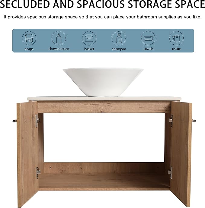 30" Floating Vanity with Sink, 30 Inch Bathroom Vanity with Sink, Modern Plywood Floating Cabinet with Sintered Stone Countertop and White Ceramic Basin, Soft Close Doors