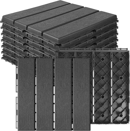 9 Pcs Plastic Interlocking Deck Tiles 12" L x 12" W Patio Floor Decking Tiles Indoor Outdoor Waterproof Non-Slip Flooring Tile All Weather Use for Balcony Backyard Porch Poolside, Dark Grey