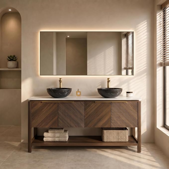 Yayzy 60 Inch Double Sink Bathroom Vanity, Dark Walnut Bathroom Cabinet with Double Black Marble Pattern Vessel Sinks, Carrara White Sintered Stone Countertop, Soft Close Doors, Open Storage Shelf