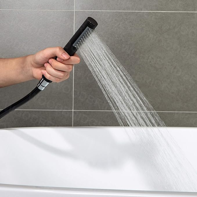 Woodbridge Contemporary Single Handle Floor Mount Freestanding Tub Filler Faucet with Hand Shower in Matte Black Finish,F0006MBRD