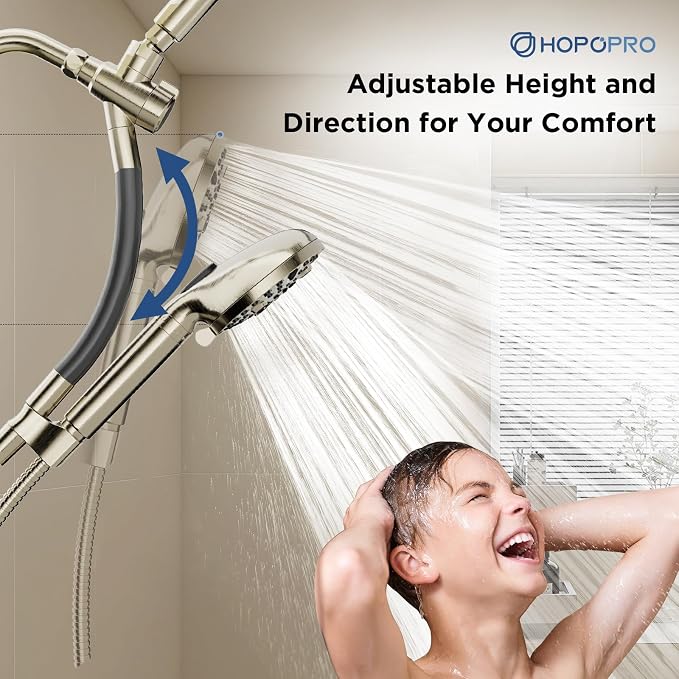 Dual Filtered Handheld Shower Heads Combo, HOPOPRO 15-Mode High Pressure Rainfall Showerheads Combo Set with Filter, for Hard Water, Removes Chlorine, Improves Skin Hair Condition, Brushed Nickel