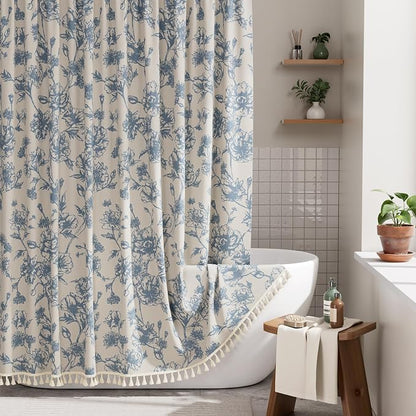 AmazerBath Light Blue Floral Shower Curtain, Modern Farmhouse Shower Curtain Set with Tassels, Rustic Faux Linen Shower Curtain Washable with Hooks for Cottagecore Style, 72x72 Inches