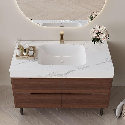 36" Bathroom Vanity with Undermount Sink Set, Modern 2-IN-1 Wall Mounted & Freestanding Bathroom Vanities Cabinet with Sintered Stone top&4 Storage Drawers, Walnut Single Bathroom Sink Cabinet