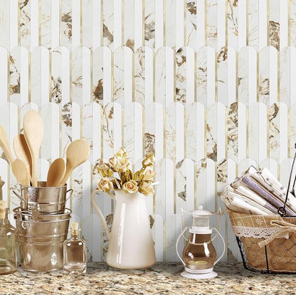 Vamos Tile Peel and Stick Backsplash Seamless Tile,10-Sheet Fish Scale Tile | Stick on Backsplash for Kitchen & Bathroom,White Marble Look PVC+Metal Gold Self Adhesive Mosaic Wall Tiles,11.9''x10.8''
