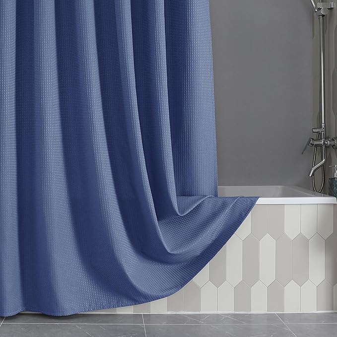 OVZME Stall Fabric Shower Curtain Set - 36x72, Waffle Weave 230GSM Heavy Duty Shower Curtains for Narrow Stall Size, Machine Washable Bath Curtain with 12 Plastic Hooks, 36x72 Inch, Blue