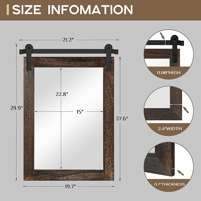 COGOOD Farmhouse Bathroom Mirrors for Over Sink - 30 x 22 Black Brown | Rustic Barn Door Wood Framed Vanity Mirror for Entryway, Living Room, Bedroom, Dresser Wall Decor