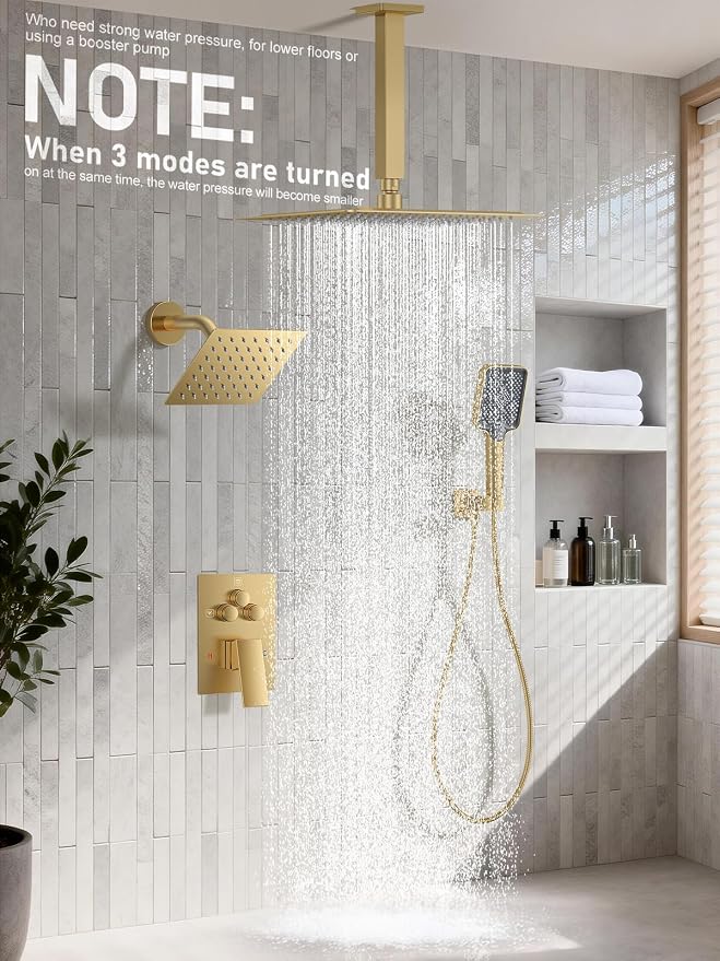 Woindo Shower Faucet Set, 10" Ceiling Mount Rainfall Shower System with 2 Rain Shower Head and Multi-function Handheld Head Push Button Diverter Shower Faucet Trim Kit