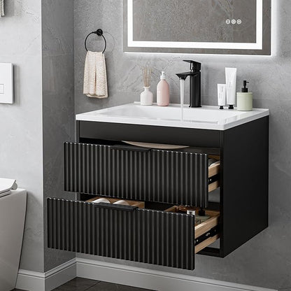 24 Inches Modern MDF Bathroom Vanity with Sink, Wall Mounted Floating Cabinets w/Double Drawers, Black Handles, White Resin Sink Combo Set (Black, 24")