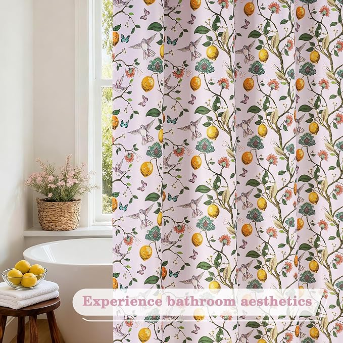 Pink Floral Bird Shower Curtain 72x72, Hummingbird and Lemon Botanical Fabric Bath Curtains, Lightweight Quick-Dry Bathroom Decor Set with Hooks