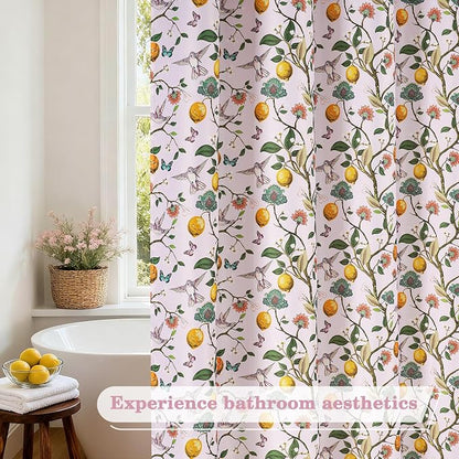 Pink Floral Bird Shower Curtain 72x72, Hummingbird and Lemon Botanical Fabric Bath Curtains, Lightweight Quick-Dry Bathroom Decor Set with Hooks