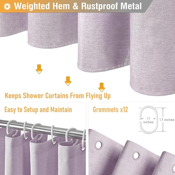 72x80 Linen Textured Waterproof Fabric Shower Curtain Set, Lavender | Long Size, 230GSM Polyester, Heavy Duty Cloth, Weighted Hem, 12 Plastic Hooks, Modern Luxury Hotel Style, Machine Washable