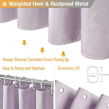 72x80 Linen Textured Waterproof Fabric Shower Curtain Set, Lavender | Long Size, 230GSM Polyester, Heavy Duty Cloth, Weighted Hem, 12 Plastic Hooks, Modern Luxury Hotel Style, Machine Washable